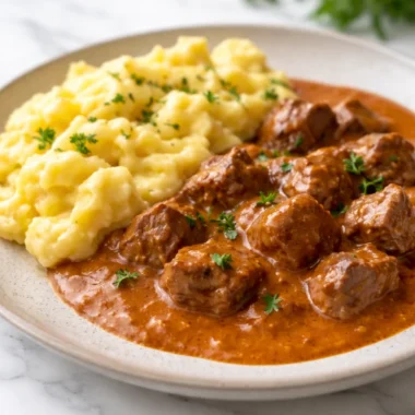Traditional Rahmgulasch Recipe with tender beef in creamy paprika sauce served with dumplings.