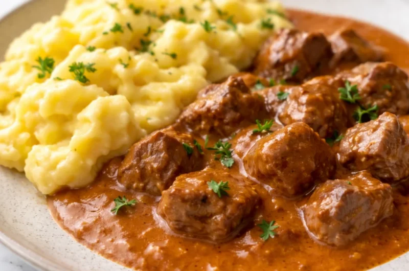 Traditional Rahmgulasch Recipe with tender beef in creamy paprika sauce served with dumplings.