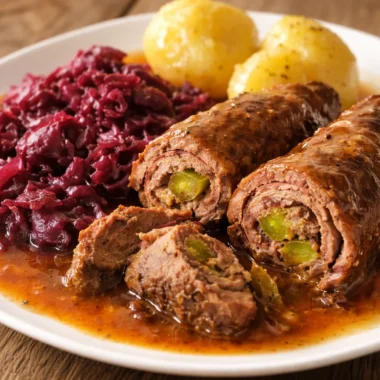 Plate of Authentic German Rouladen stuffed with mustard, bacon, and pickles.