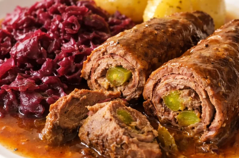 Plate of Authentic German Rouladen stuffed with mustard, bacon, and pickles.