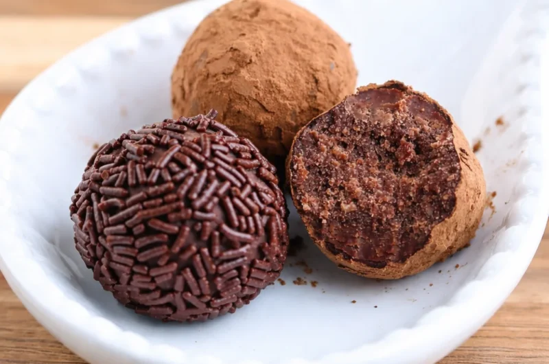 Traditional German Rum Balls (Rumkugeln) covered in chocolate sprinkles.