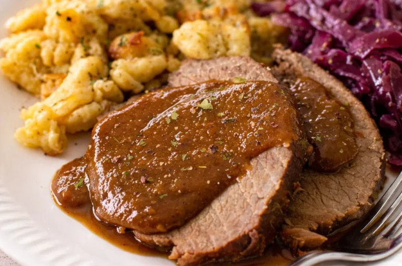 Traditional Sauerbraten Recipe with marinated beef and sweet-sour gravy.