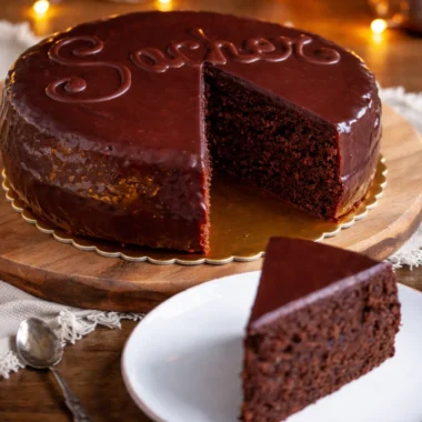Classic Sachertorte, an Austrian chocolate cake with apricot filling and chocolate glaze.
