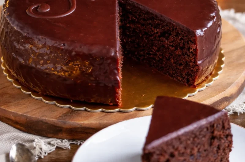 Classic Sachertorte, an Austrian chocolate cake with apricot filling and chocolate glaze.