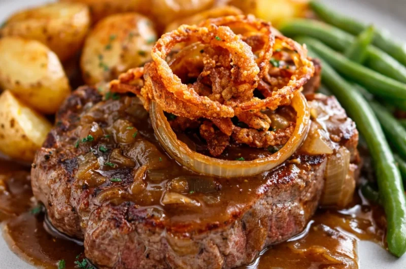 Traditional Zwiebelrostbraten - German onion beef roast with crispy onions and rich gravy