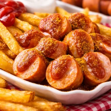 Delicious Homemade Currywurst served with curry ketchup, a classic German street food.