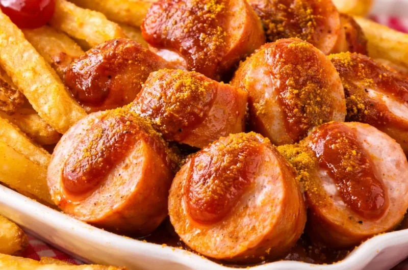 Delicious Homemade Currywurst served with curry ketchup, a classic German street food.