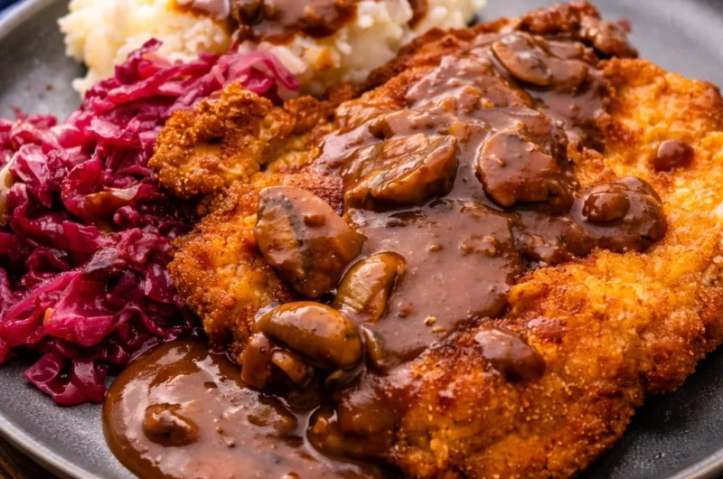 Authentic Jägerschnitzel with pork cutlets and creamy mushroom gravy served on a plate.