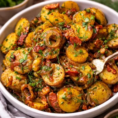 A delicious warm German potato salad with bacon and vinegar dressing served in a bowl.