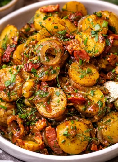 A delicious warm German potato salad with bacon and vinegar dressing served in a bowl.