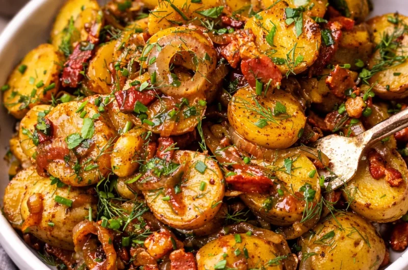 A delicious warm German potato salad with bacon and vinegar dressing served in a bowl.