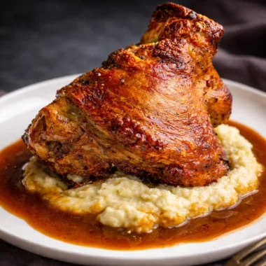 Crispy Traditional German Pork Knuckle - Schweinshaxe served with beer gravy.