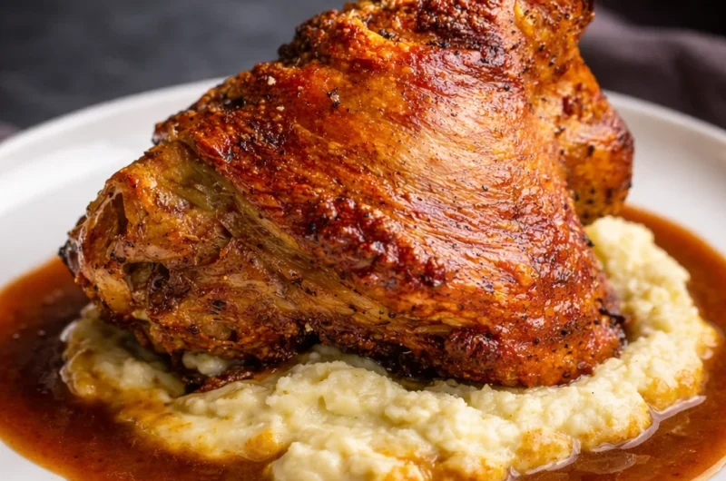 Crispy Traditional German Pork Knuckle - Schweinshaxe served with beer gravy.