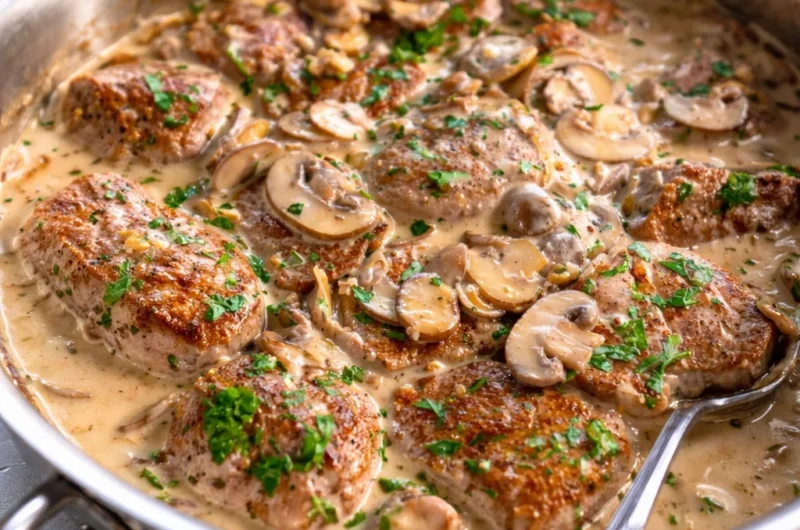 Schweinelendchen Recipe featuring German Pork Tenderloin in creamy mushroom sauce.