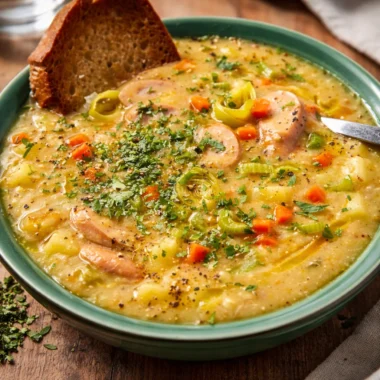 Bowl of Traditional German Potato Soup Recipe (Kartoffelsuppe) with bacon and fresh veggies