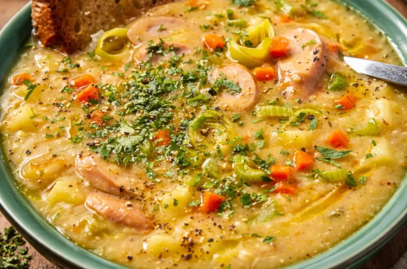 Bowl of Traditional German Potato Soup Recipe (Kartoffelsuppe) with bacon and fresh veggies